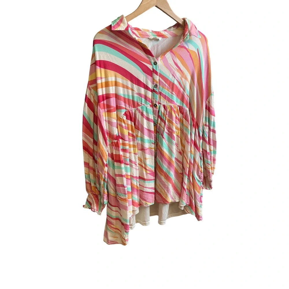 Entro Womens Large Abstract Stripe Babydoll Mini Dress Button Front Tunic D22584